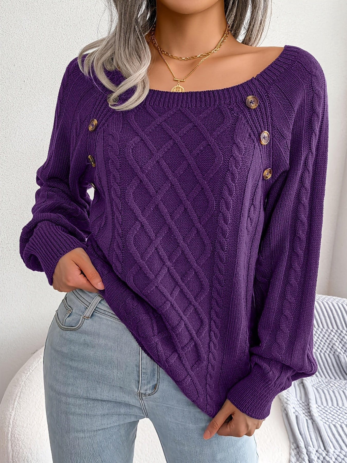 [Texture Lantern Sleeve Sweater] Round Neck Texture Lantern Sleeve Women's Sweater - Button Sweater