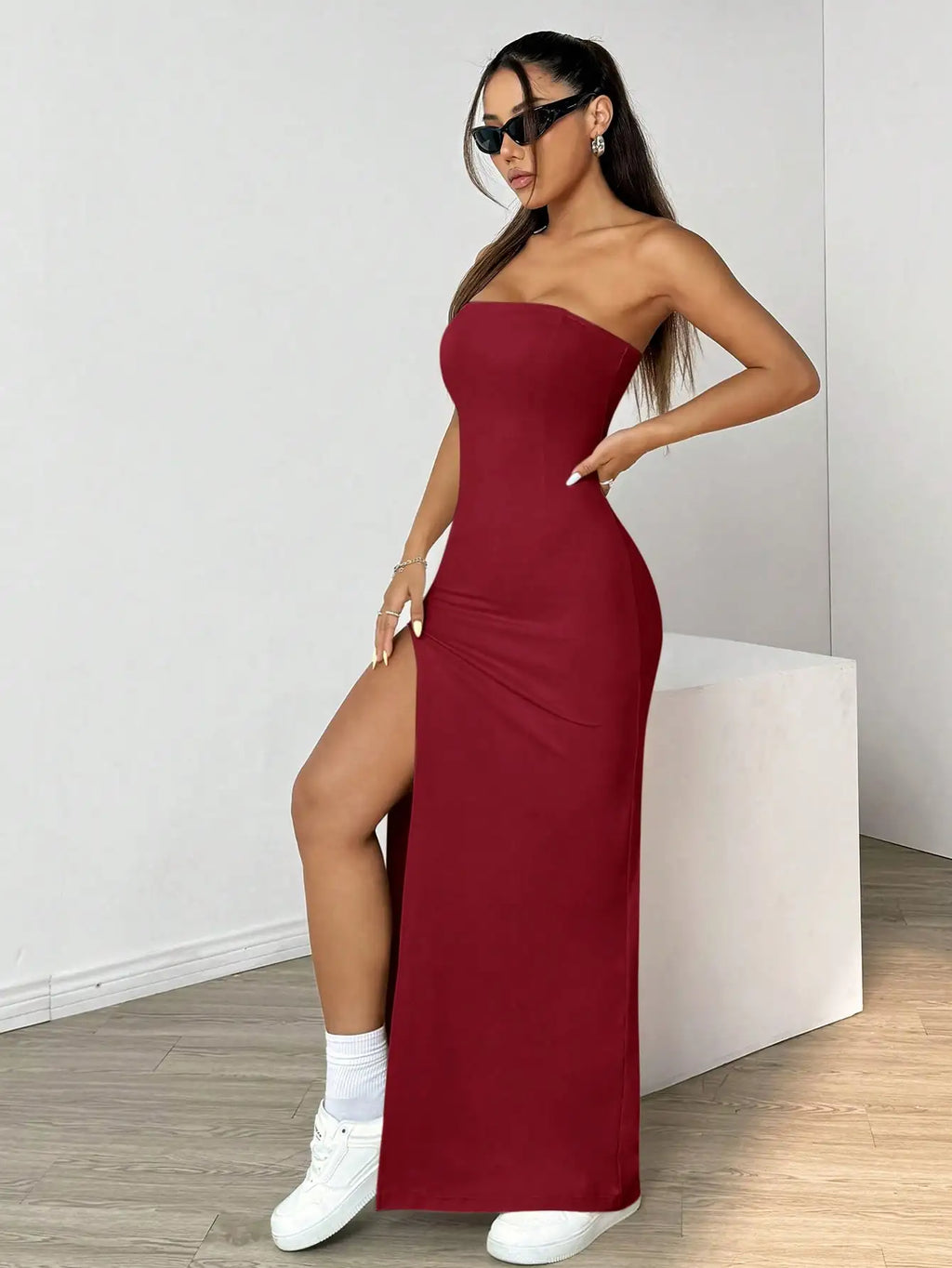 Elegant ladies strapless camisole slit simple basic solid color long dress, ideal for casual and semi-formal occasions
