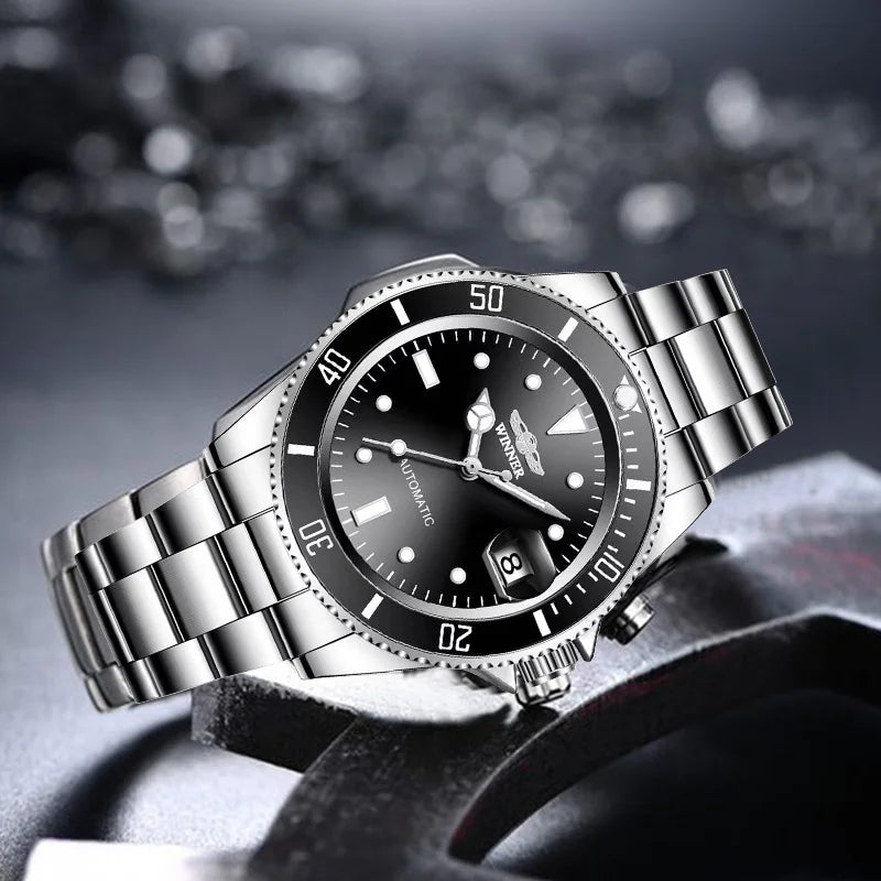 WINNER 002 Automatic Mechanical Wristwatch for Male Luminous Hands Date Fashion Stainless Steel And Leather Strap Clock Gifts