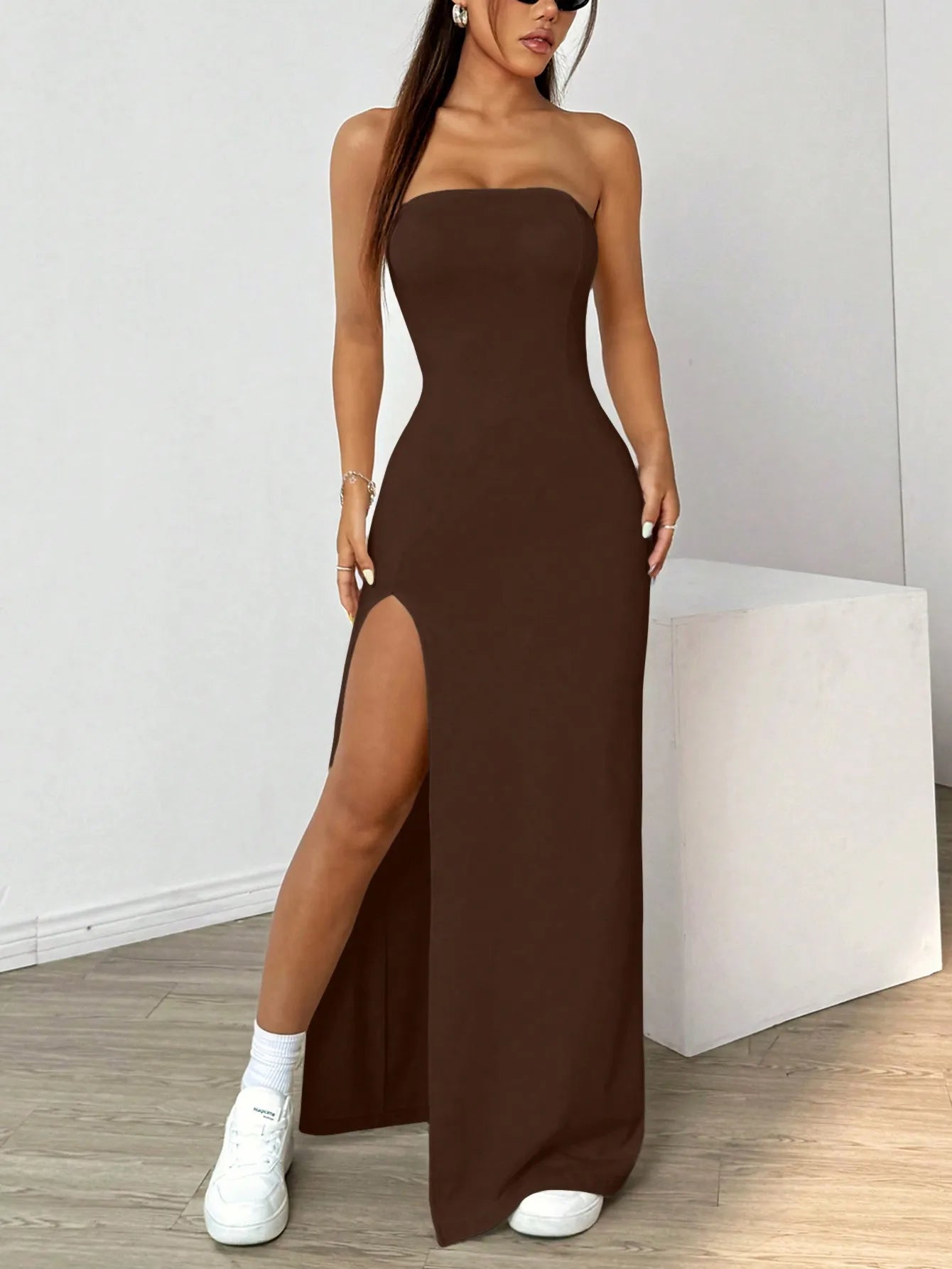 Elegant ladies strapless camisole slit simple basic solid color long dress, ideal for casual and semi-formal occasions