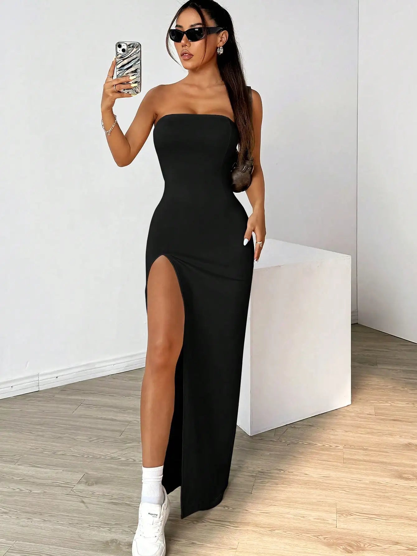 Elegant ladies strapless camisole slit simple basic solid color long dress, ideal for casual and semi-formal occasions