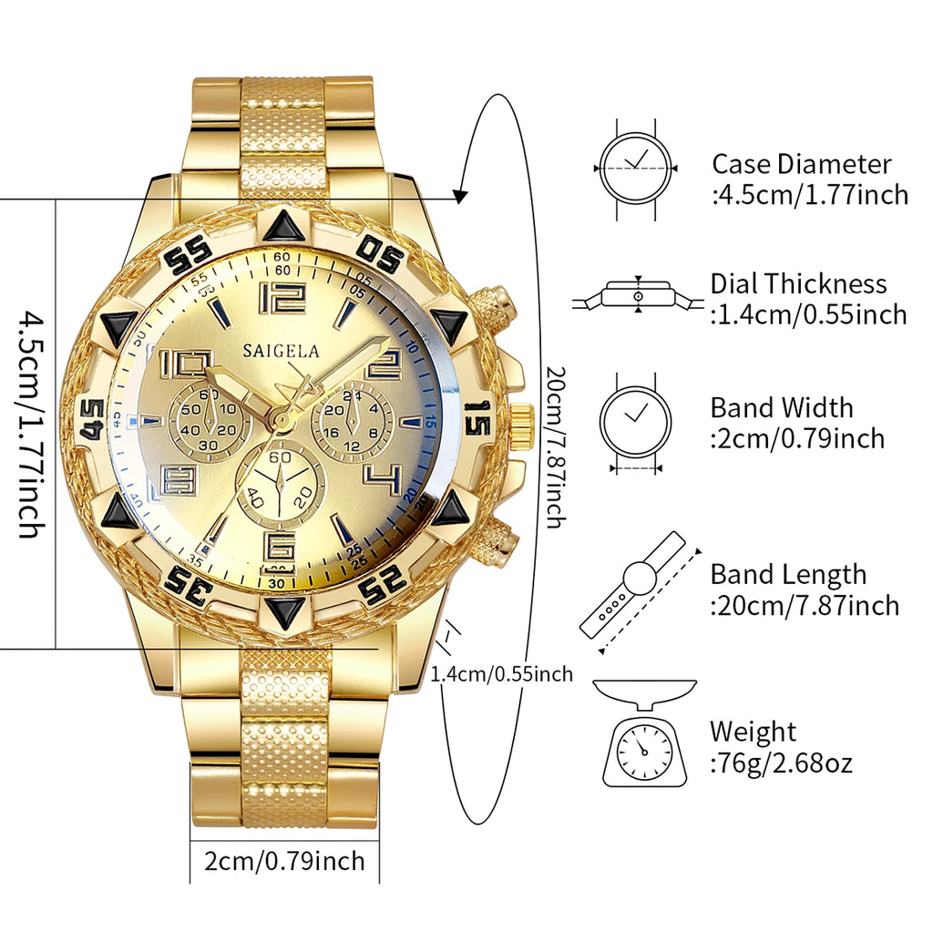 3PCS/Set Fashion Steel Band Men's Watches Arabic Dial Man Business Watches Jewelry Set Relogio Masculino（Box Not Included ）