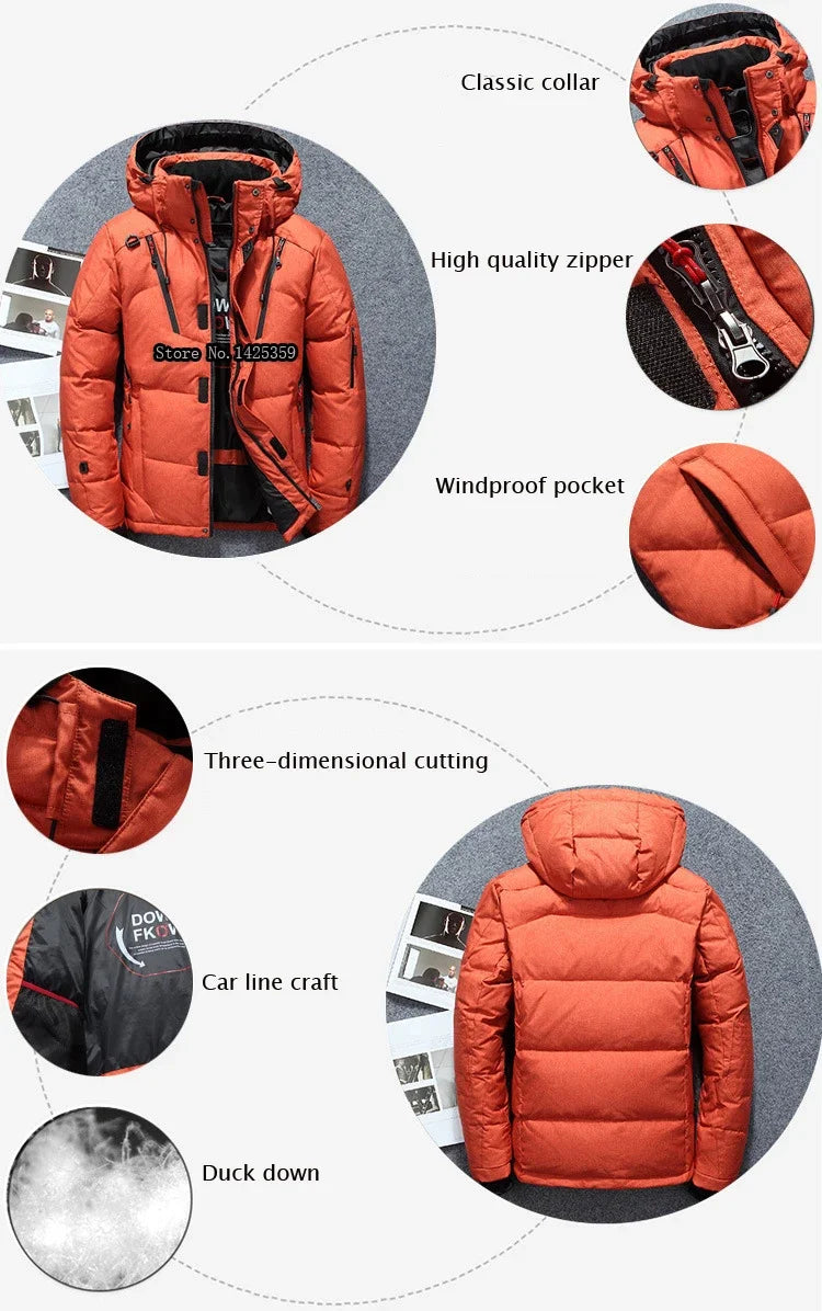 "Men’s White Duck Down Parka – Warm Winter Coat for Extreme Cold and Snow."