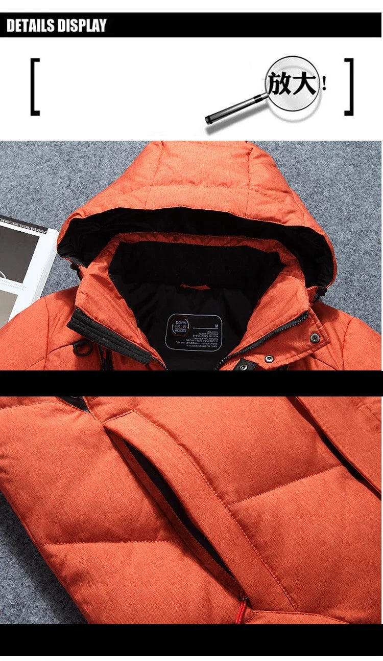 "Men’s White Duck Down Parka – Warm Winter Coat for Extreme Cold and Snow."