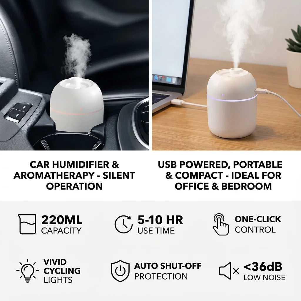 Portable USB Ultrasonic Air Mini Humidifier Essential Oil Diffuser Car Purifier Aroma Anion Mist Maker with LED Lamp Lighting