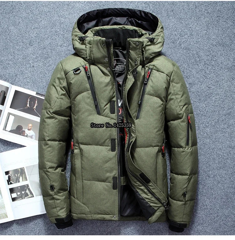 "Men’s White Duck Down Parka – Warm Winter Coat for Extreme Cold and Snow."