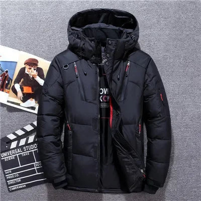 "Men’s White Duck Down Parka – Warm Winter Coat for Extreme Cold and Snow."