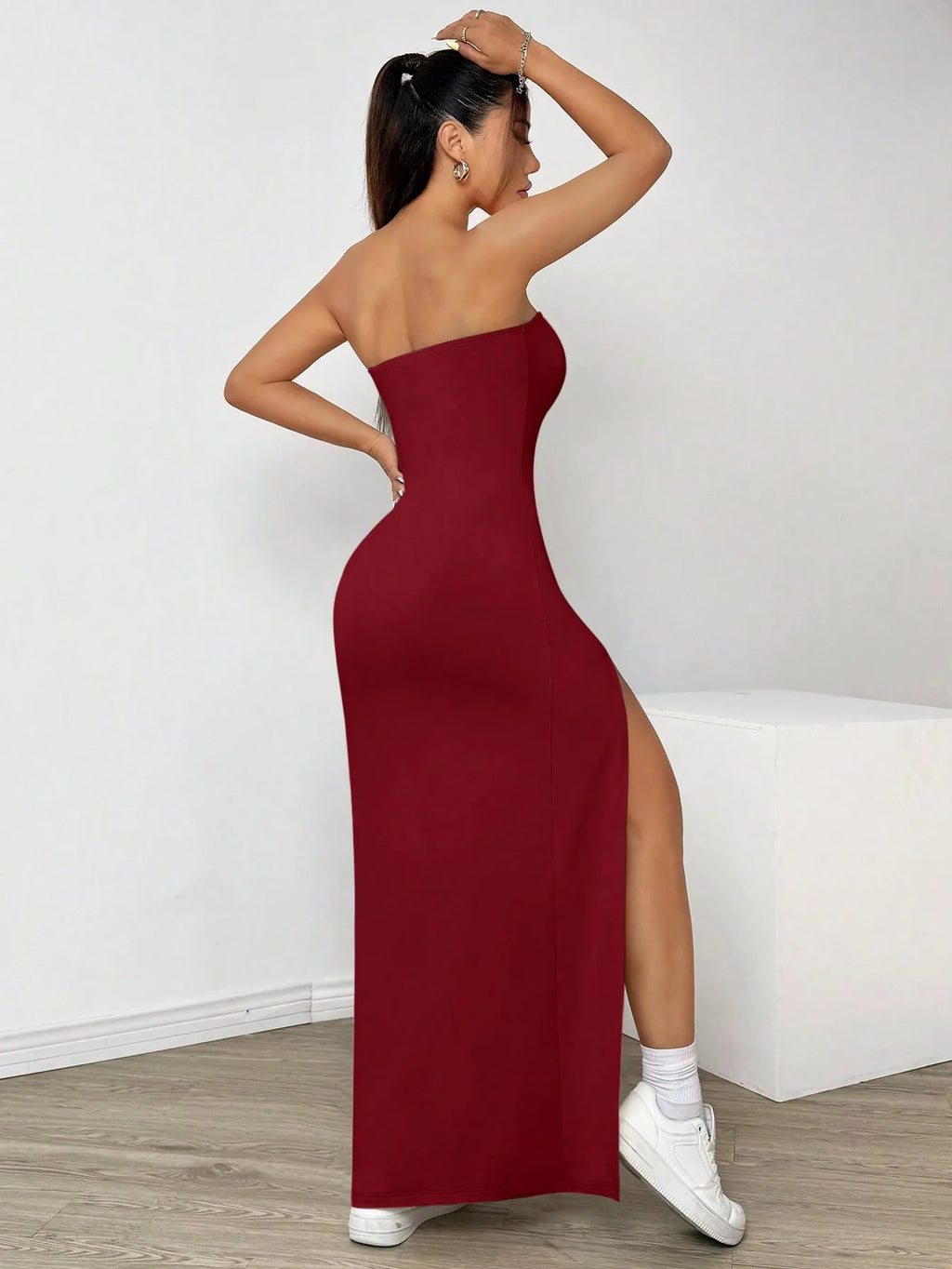 Elegant ladies strapless camisole slit simple basic solid color long dress, ideal for casual and semi-formal occasions