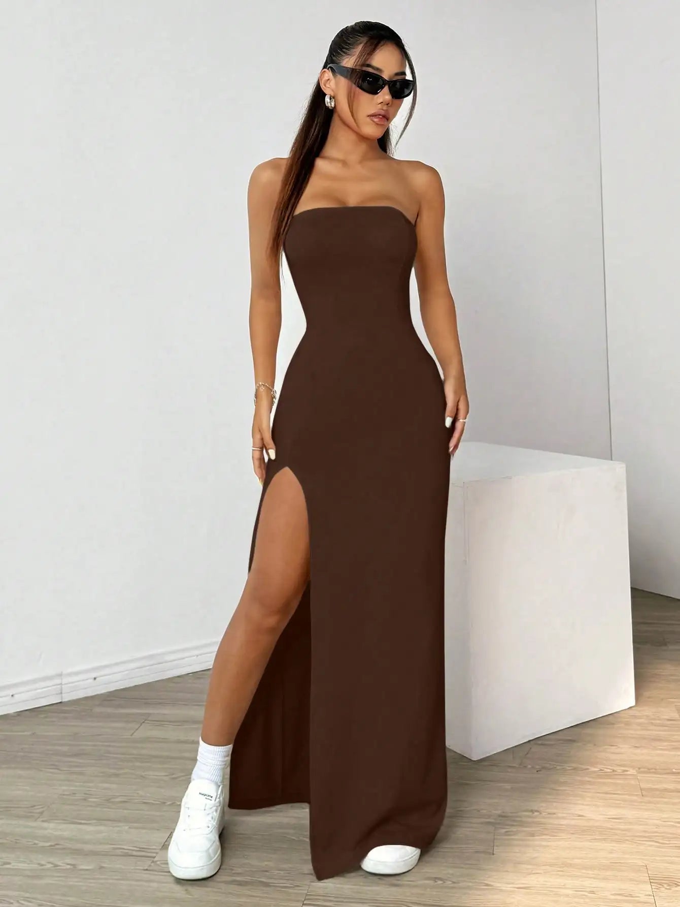 Elegant ladies strapless camisole slit simple basic solid color long dress, ideal for casual and semi-formal occasions