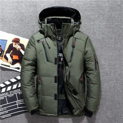 "Men’s White Duck Down Parka – Warm Winter Coat for Extreme Cold and Snow."