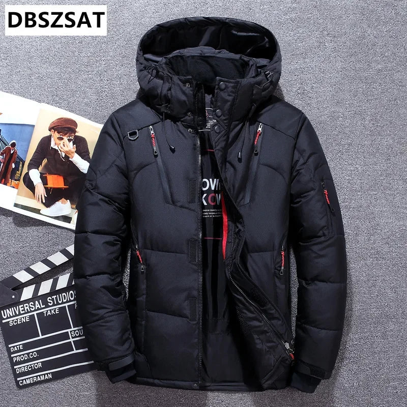 "Men’s White Duck Down Parka – Warm Winter Coat for Extreme Cold and Snow."