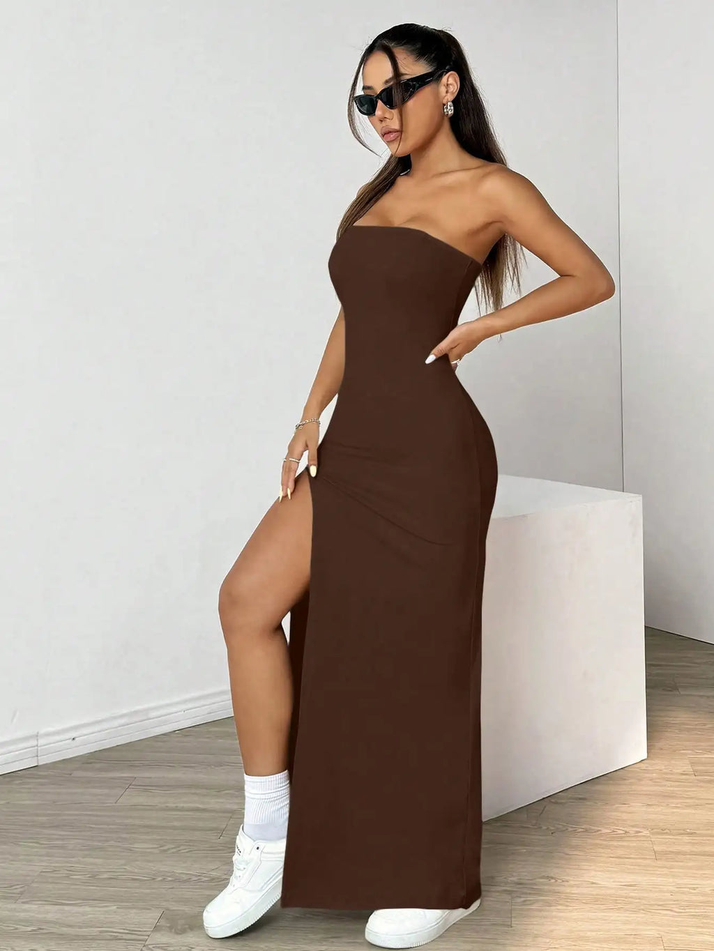 Elegant ladies strapless camisole slit simple basic solid color long dress, ideal for casual and semi-formal occasions