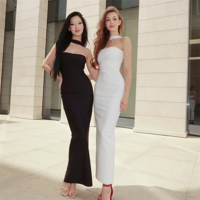 Woman Sexy Off Shoulder Sleeveless Slim Long Dress Streetwear Lady Chic Sexy Halter Neck Split Backless Solid Party Club Dresses