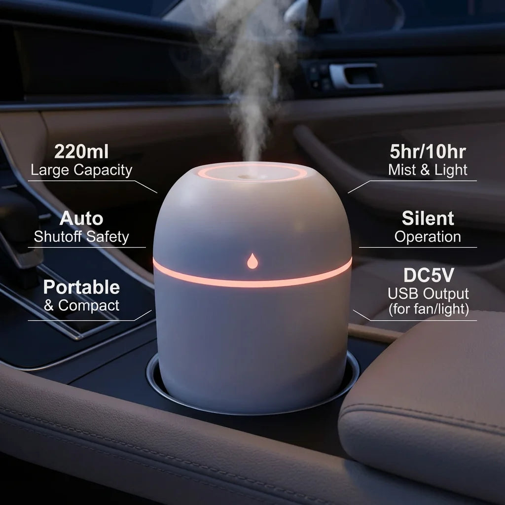 Portable USB Ultrasonic Air Mini Humidifier Essential Oil Diffuser Car Purifier Aroma Anion Mist Maker with LED Lamp Lighting