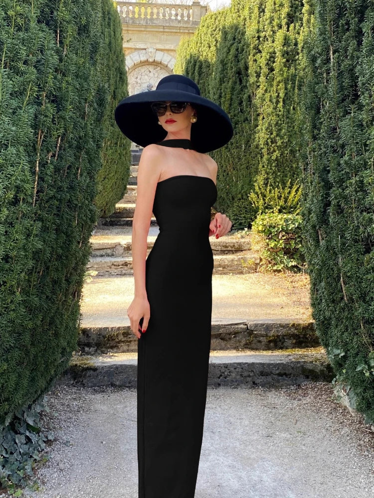 Woman Sexy Off Shoulder Sleeveless Slim Long Dress Streetwear Lady Chic Sexy Halter Neck Split Backless Solid Party Club Dresses