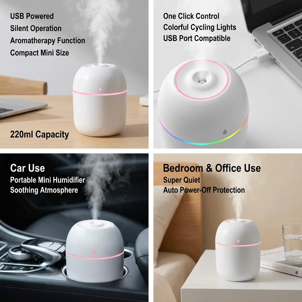 Portable USB Ultrasonic Air Mini Humidifier Essential Oil Diffuser Car Purifier Aroma Anion Mist Maker with LED Lamp Lighting