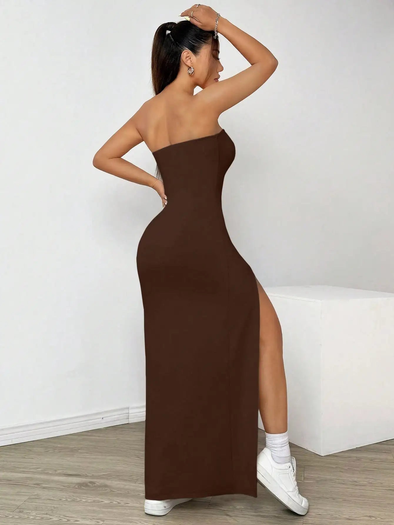 Elegant ladies strapless camisole slit simple basic solid color long dress, ideal for casual and semi-formal occasions