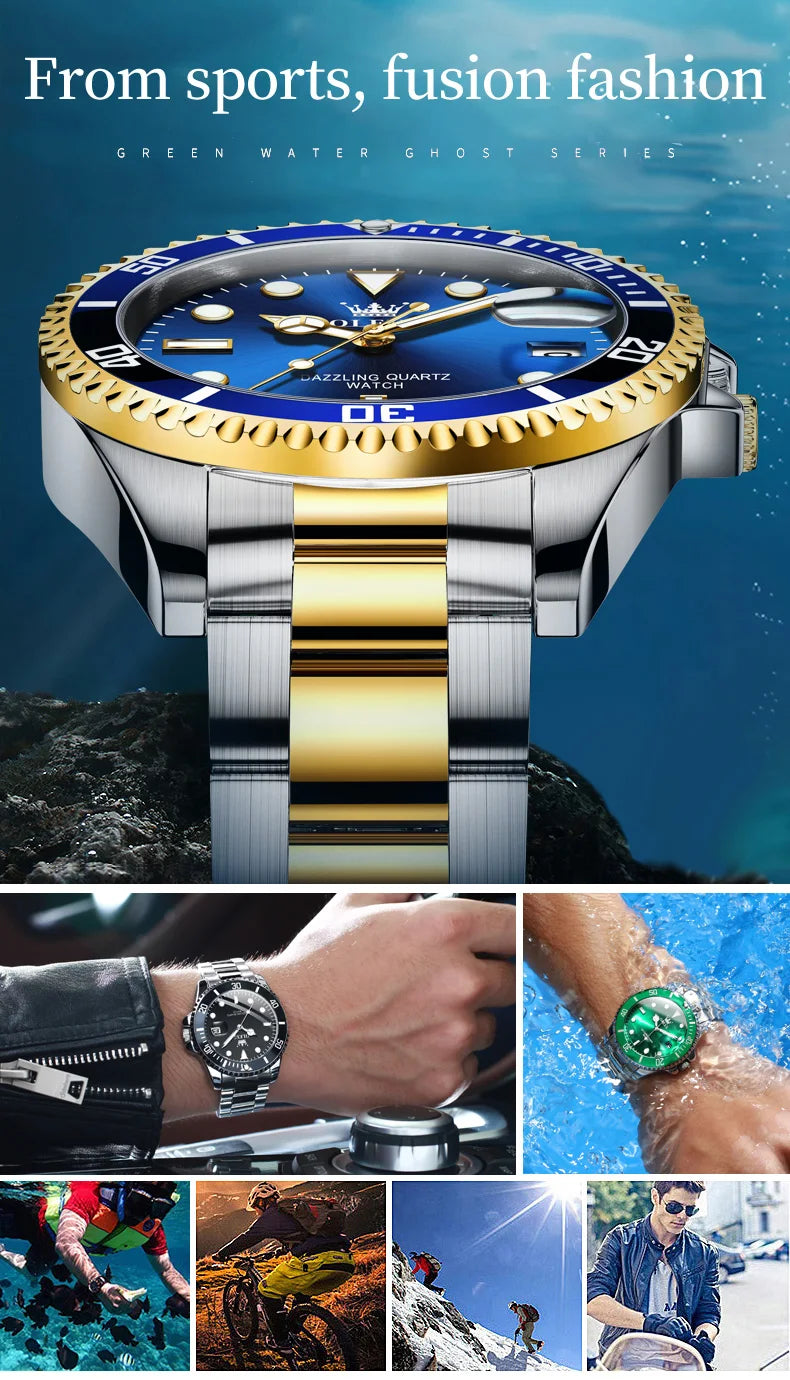 OLEVS 5885 Men's Watches Business Stainless Steel Strap Green Quartz Watch Waterproof Calendar Luminous High Quality Wristwatch