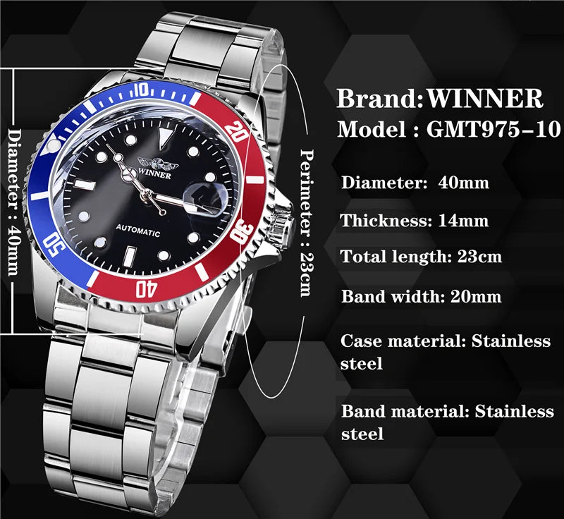 WINNER 002 Automatic Mechanical Wristwatch for Male Luminous Hands Date Fashion Stainless Steel And Leather Strap Clock Gifts