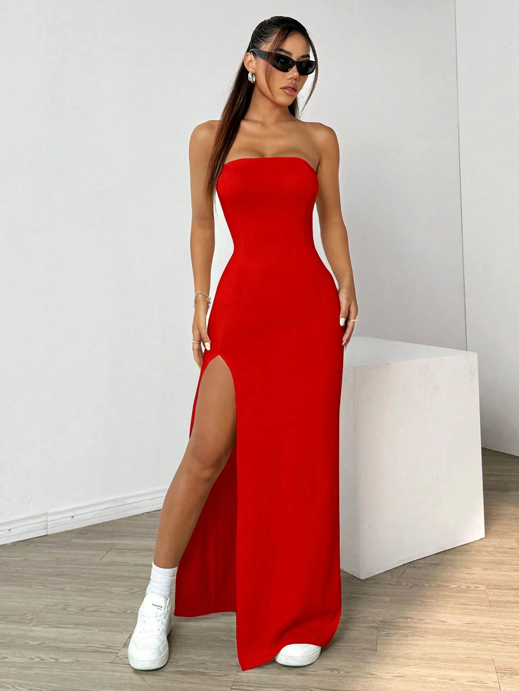 Elegant ladies strapless camisole slit simple basic solid color long dress, ideal for casual and semi-formal occasions