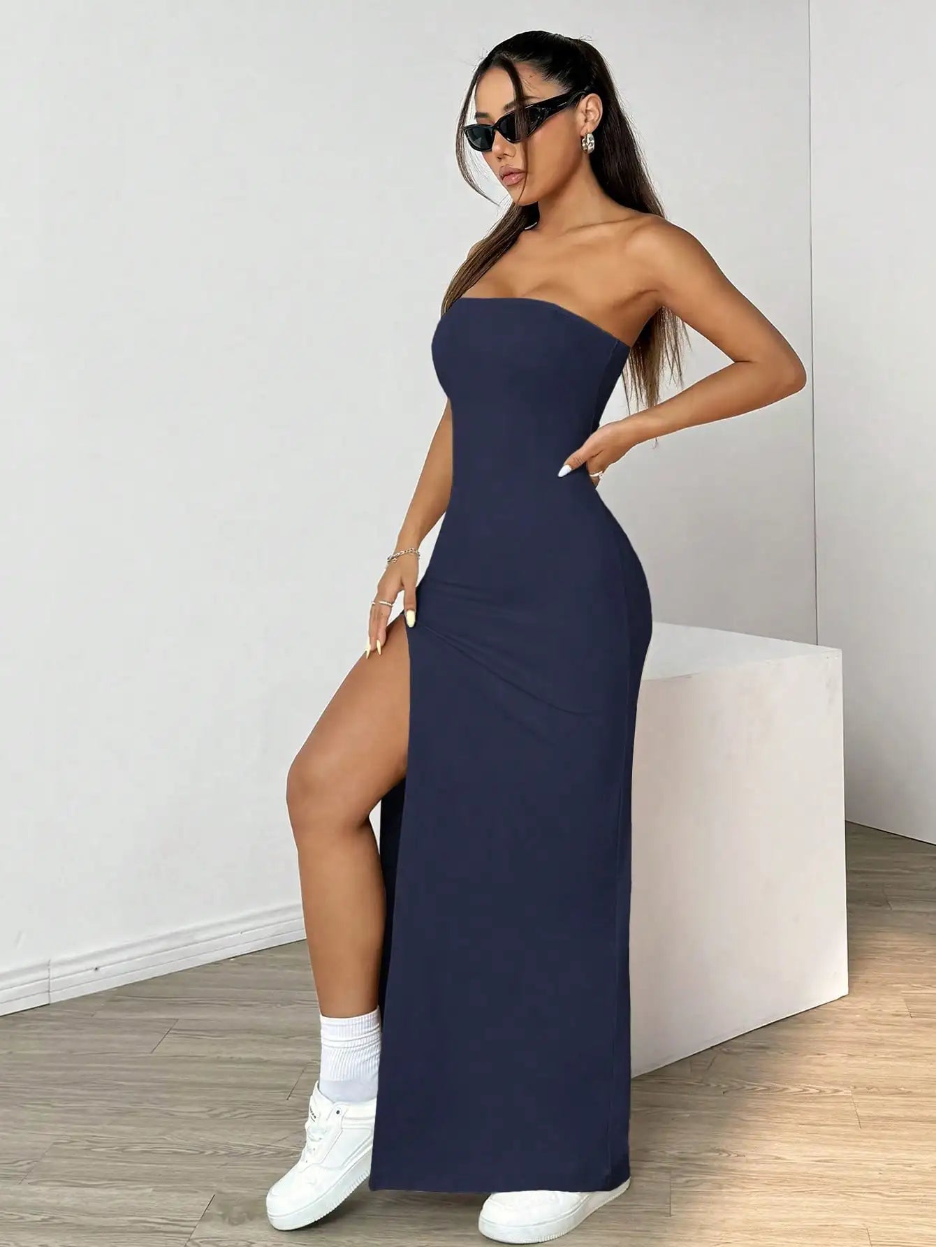 Elegant ladies strapless camisole slit simple basic solid color long dress, ideal for casual and semi-formal occasions