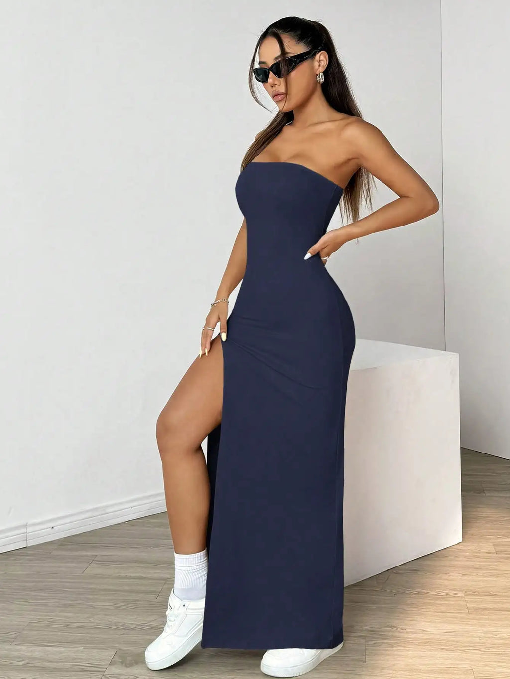 Elegant ladies strapless camisole slit simple basic solid color long dress, ideal for casual and semi-formal occasions