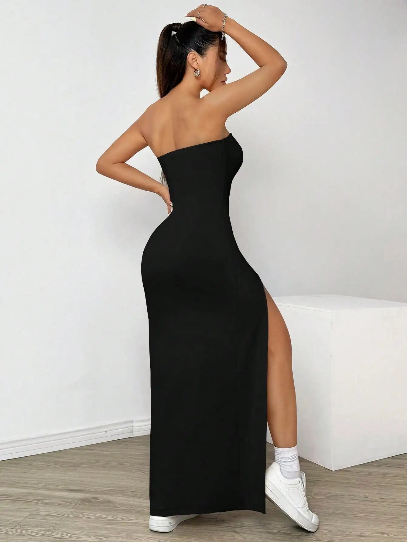 Elegant ladies strapless camisole slit simple basic solid color long dress, ideal for casual and semi-formal occasions