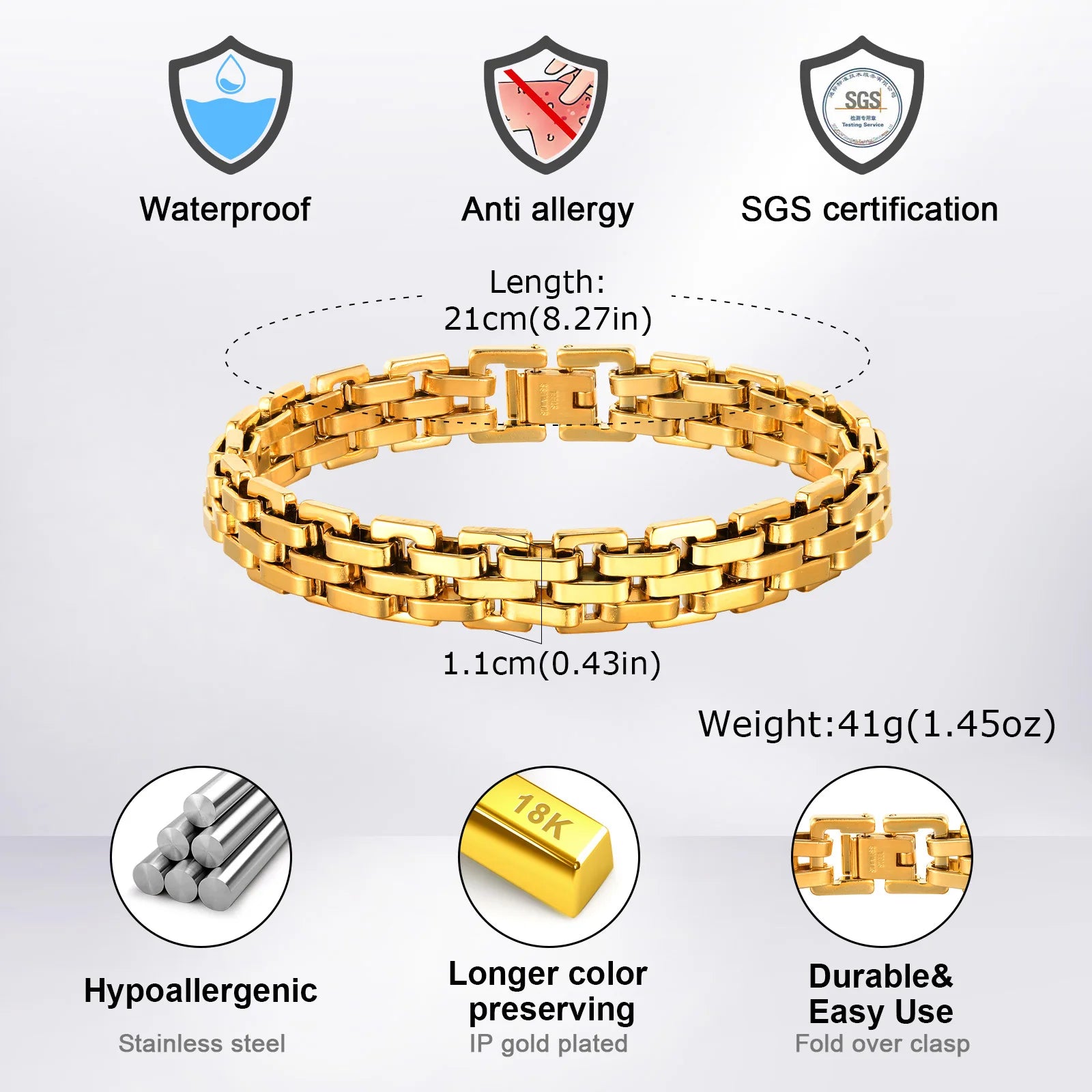 Gold Color Chain Bracelet for Men Boys,Stainless Steel Chain Wristband,Jewelry Gift for Husband Dad Son