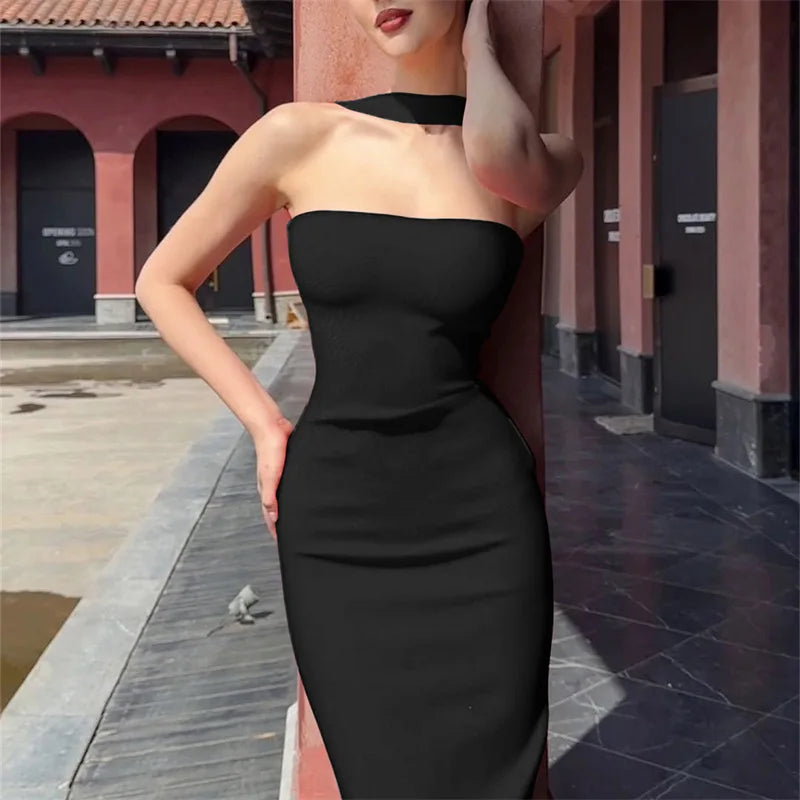 Woman Sexy Off Shoulder Sleeveless Slim Long Dress Streetwear Lady Chic Sexy Halter Neck Split Backless Solid Party Club Dresses