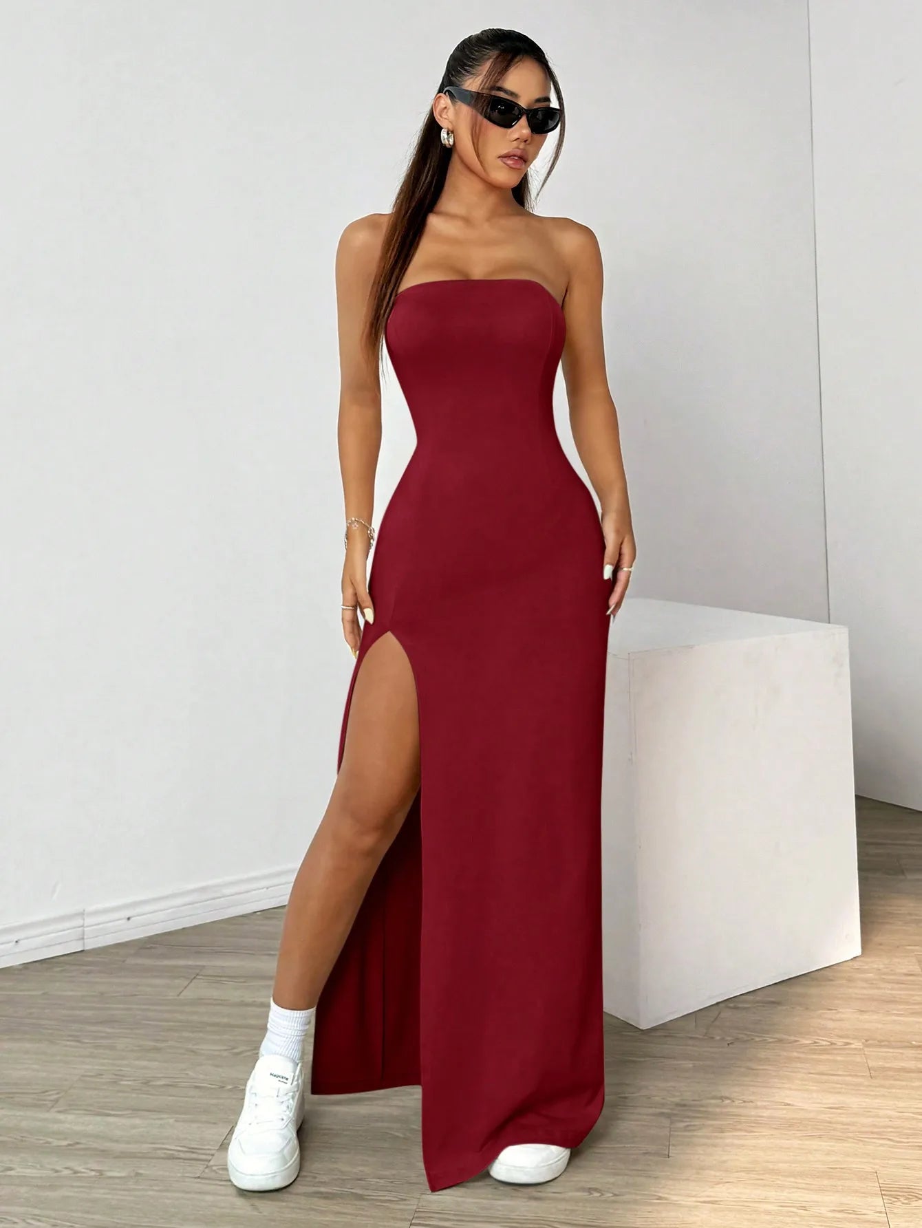 Elegant ladies strapless camisole slit simple basic solid color long dress, ideal for casual and semi-formal occasions