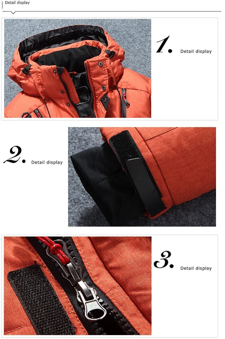 "Men’s White Duck Down Parka – Warm Winter Coat for Extreme Cold and Snow."