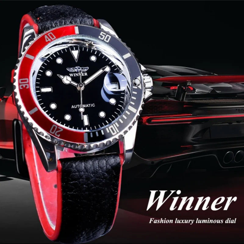 WINNER 002 Automatic Mechanical Wristwatch for Male Luminous Hands Date Fashion Stainless Steel And Leather Strap Clock Gifts