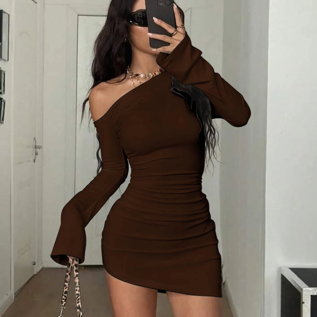 Dulzura Inclined Shoulder Long Sleeve Ruched Slim Irregular Mini Dress Women'S Solid Sexy Casual Dress Party Club Autumn Clothes