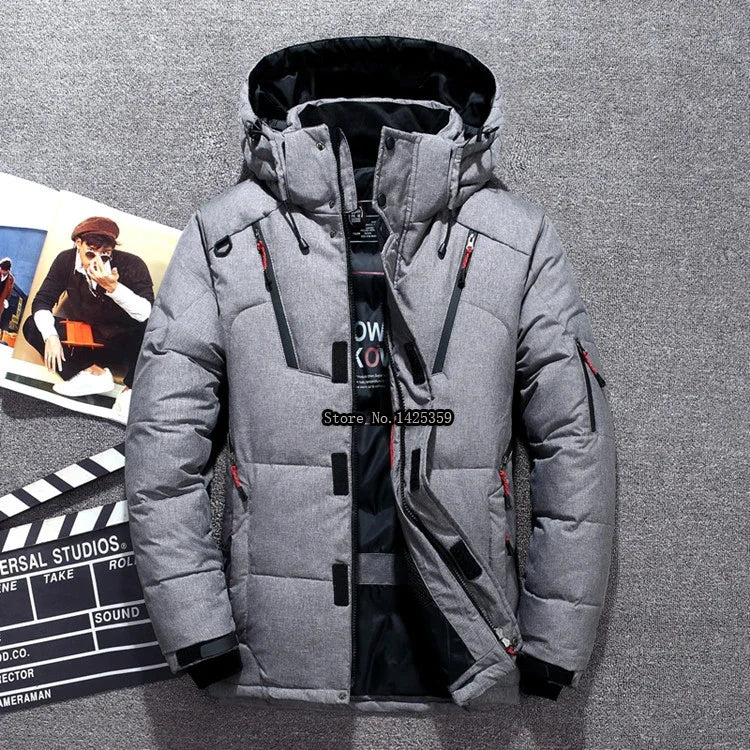 "Men’s White Duck Down Parka – Warm Winter Coat for Extreme Cold and Snow."
