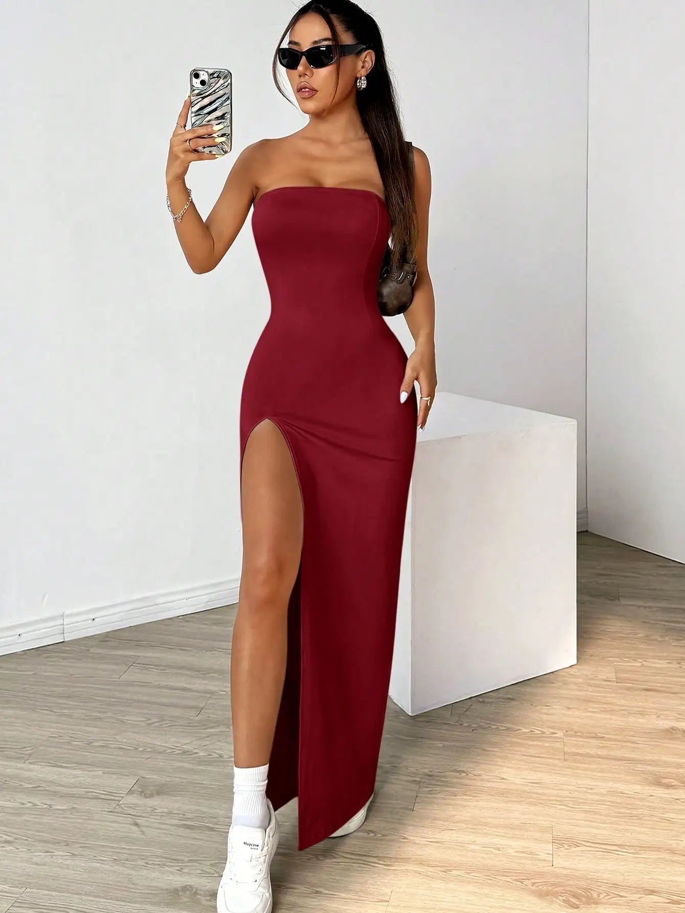 Elegant ladies strapless camisole slit simple basic solid color long dress, ideal for casual and semi-formal occasions