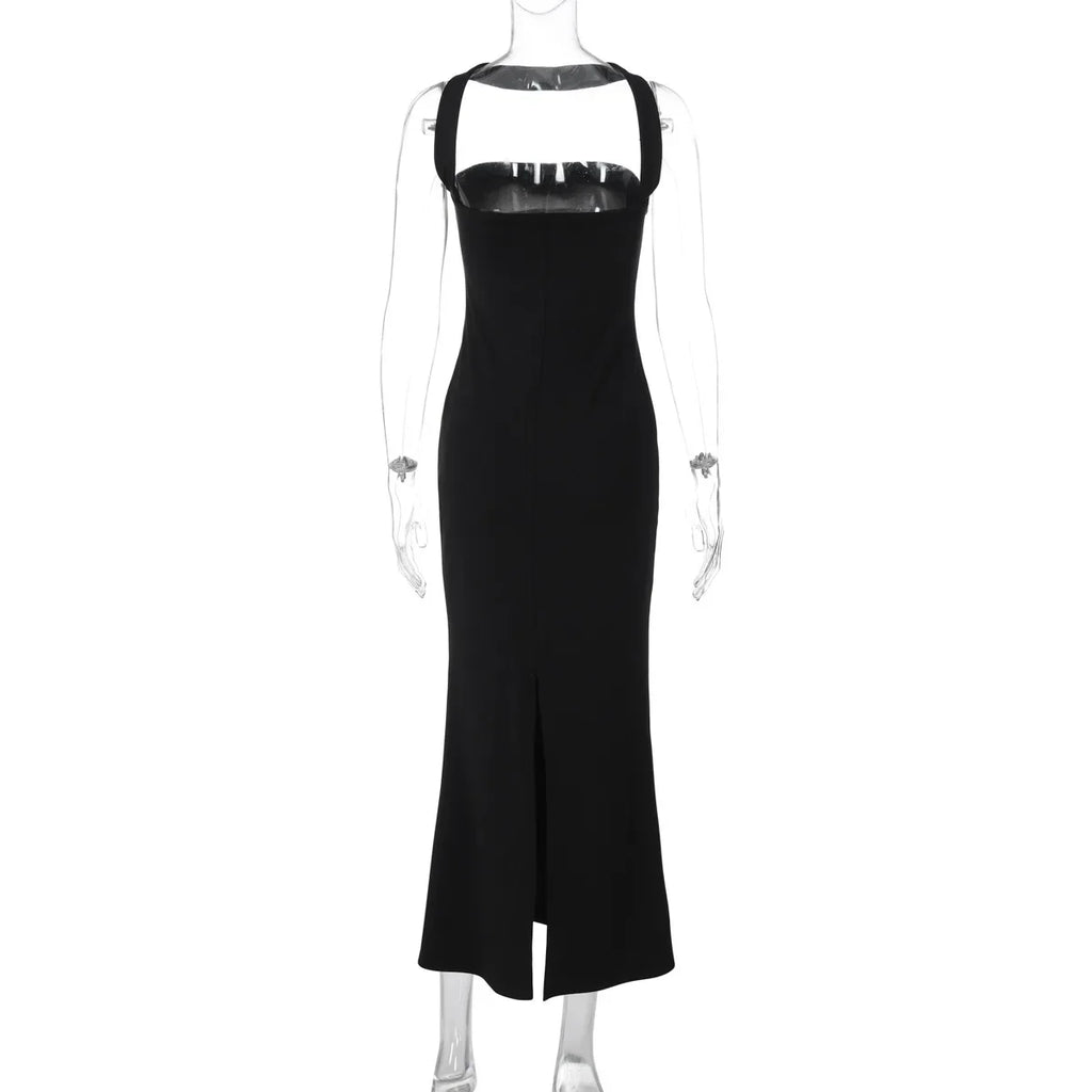 Woman Sexy Off Shoulder Sleeveless Slim Long Dress Streetwear Lady Chic Sexy Halter Neck Split Backless Solid Party Club Dresses