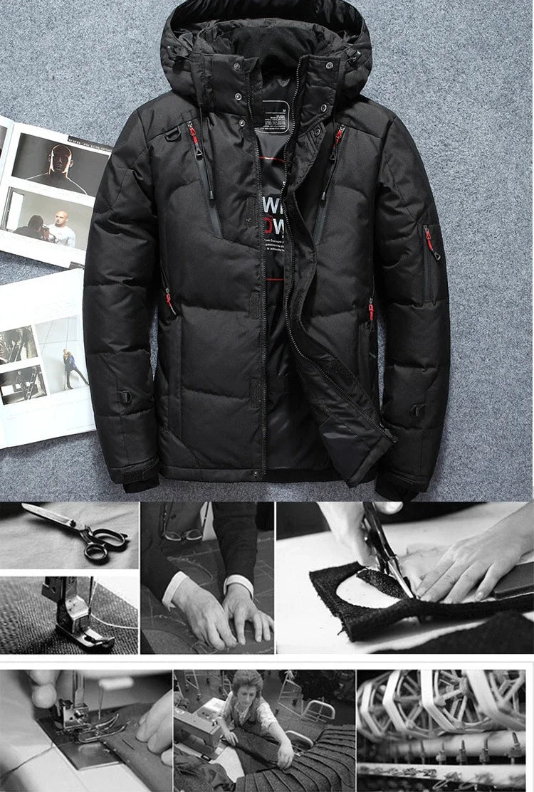 "Men’s White Duck Down Parka – Warm Winter Coat for Extreme Cold and Snow."