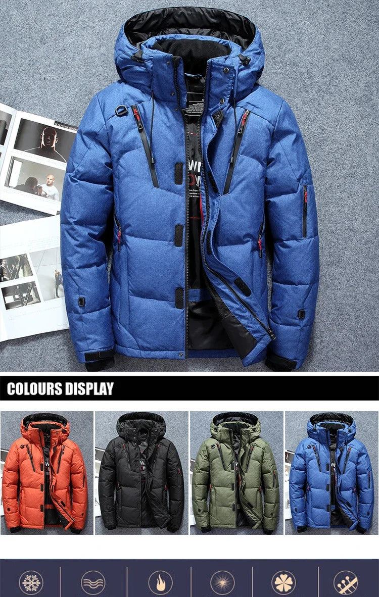"Men’s White Duck Down Parka – Warm Winter Coat for Extreme Cold and Snow."