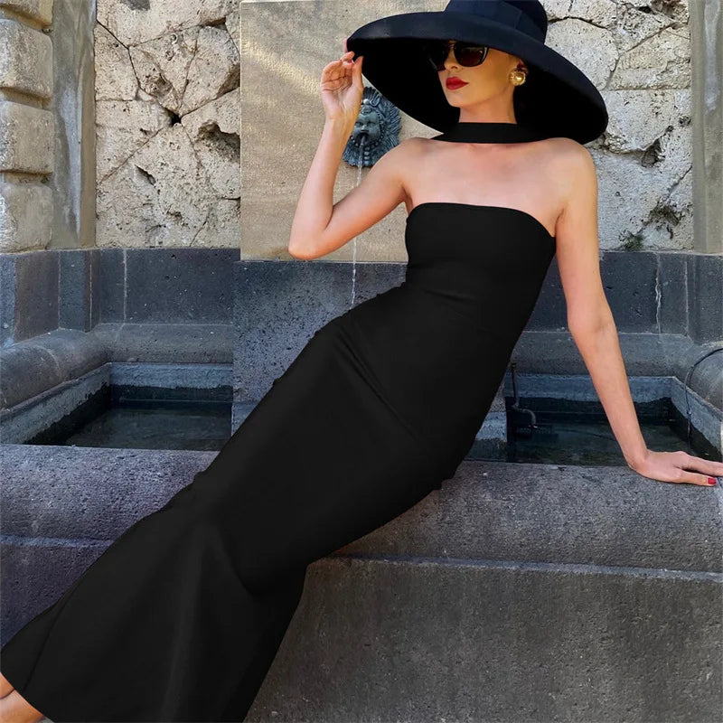 Woman Sexy Off Shoulder Sleeveless Slim Long Dress Streetwear Lady Chic Sexy Halter Neck Split Backless Solid Party Club Dresses