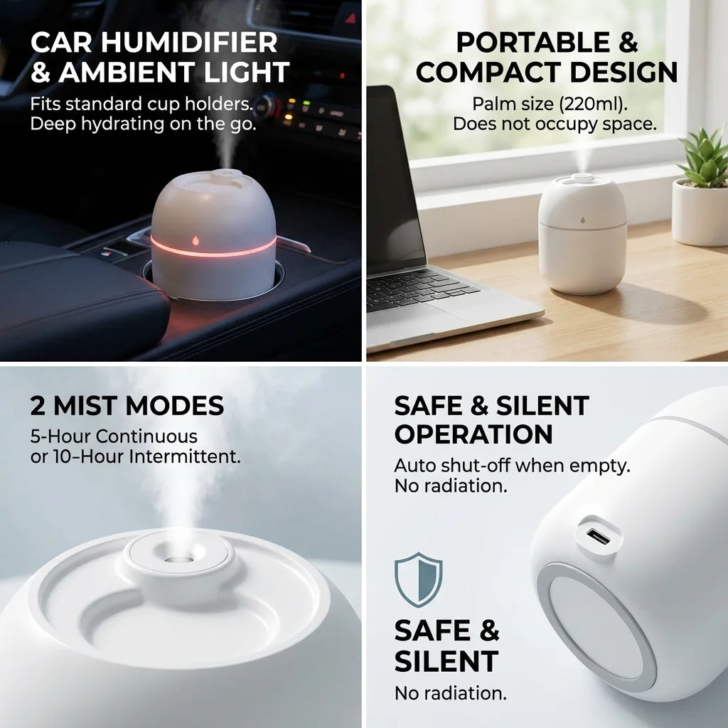 Portable USB Ultrasonic Air Mini Humidifier Essential Oil Diffuser Car Purifier Aroma Anion Mist Maker with LED Lamp Lighting