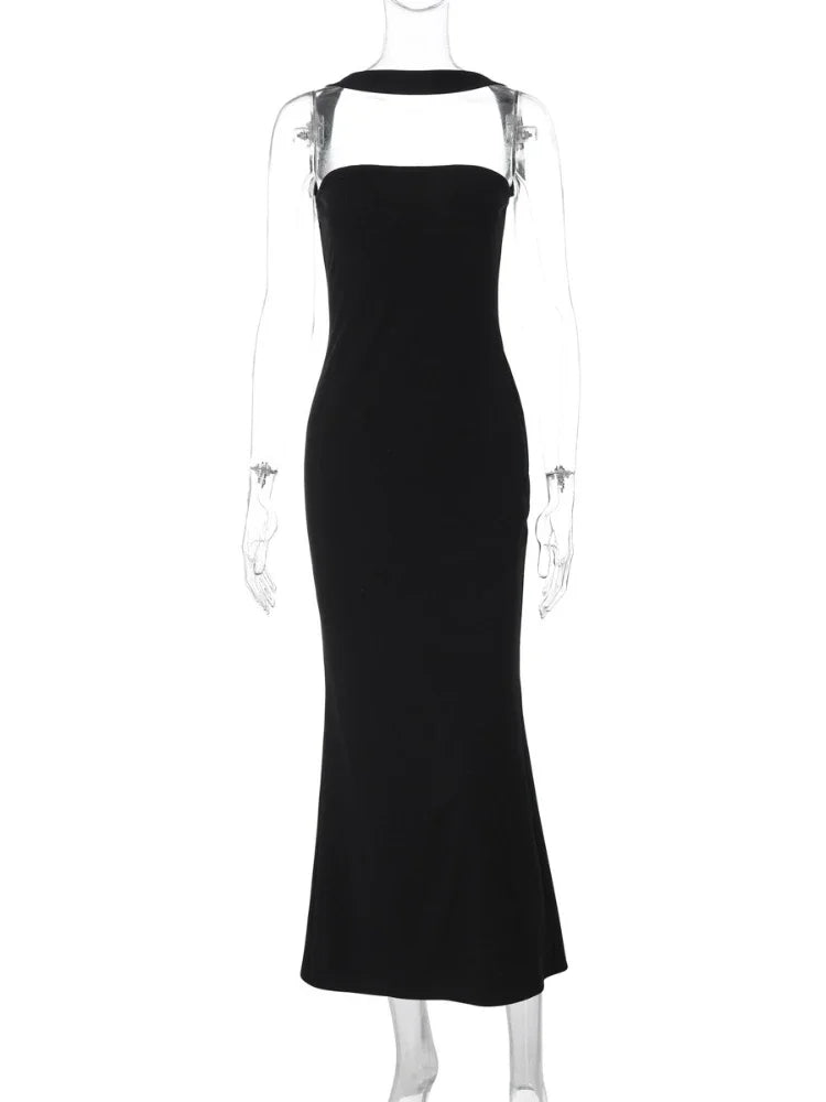 Woman Sexy Off Shoulder Sleeveless Slim Long Dress Streetwear Lady Chic Sexy Halter Neck Split Backless Solid Party Club Dresses