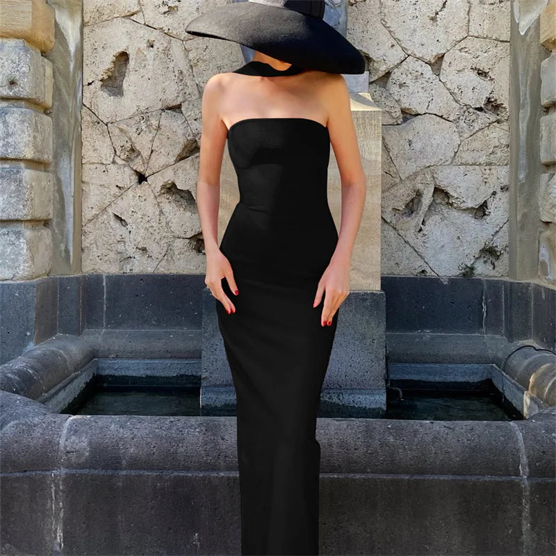 Woman Sexy Off Shoulder Sleeveless Slim Long Dress Streetwear Lady Chic Sexy Halter Neck Split Backless Solid Party Club Dresses
