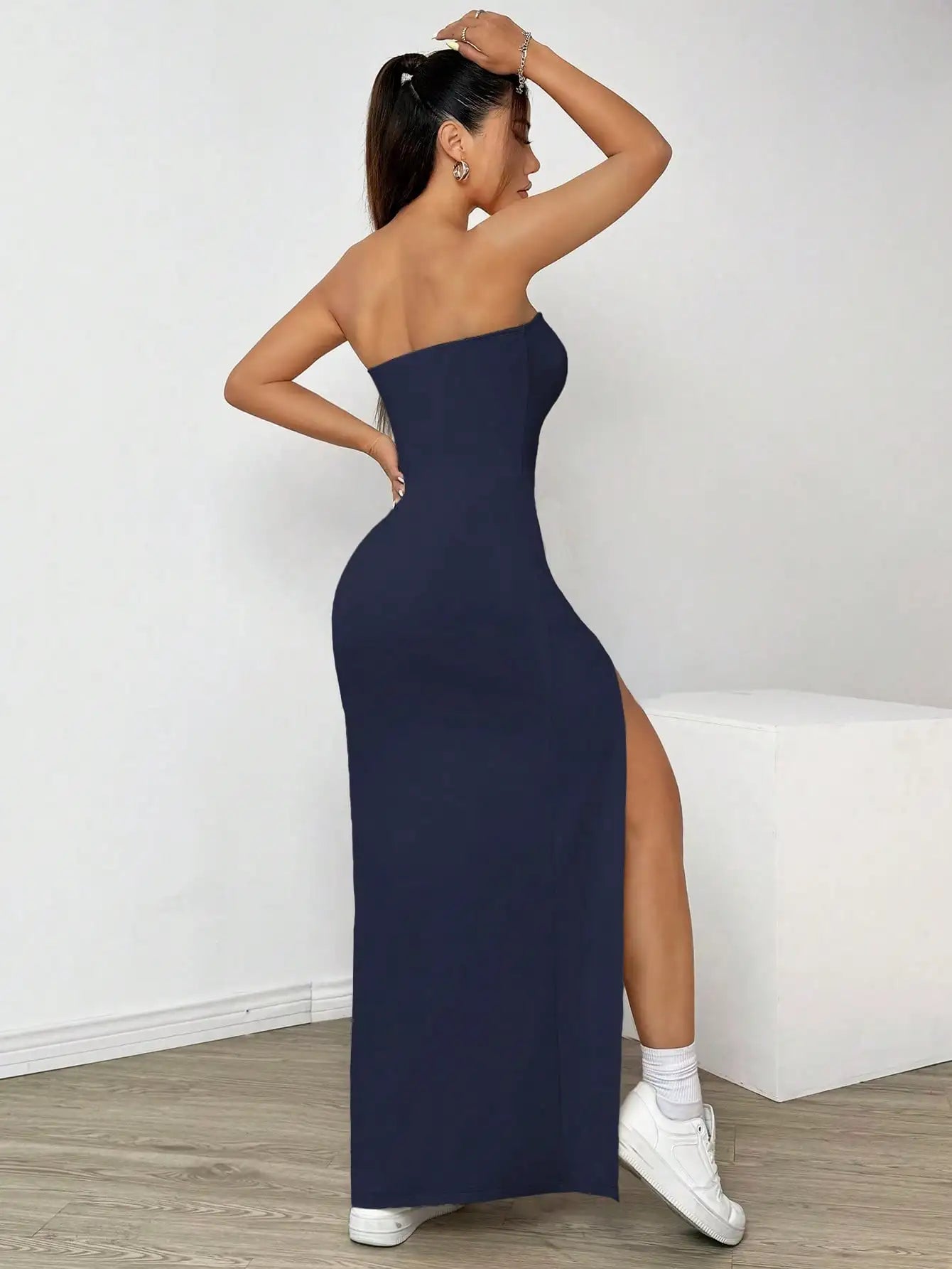 Elegant ladies strapless camisole slit simple basic solid color long dress, ideal for casual and semi-formal occasions