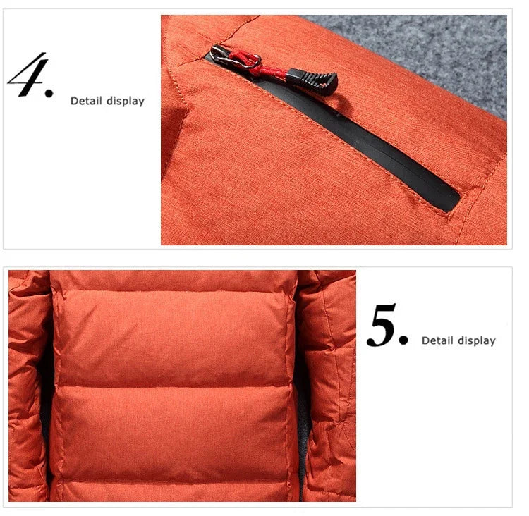 "Men’s White Duck Down Parka – Warm Winter Coat for Extreme Cold and Snow."