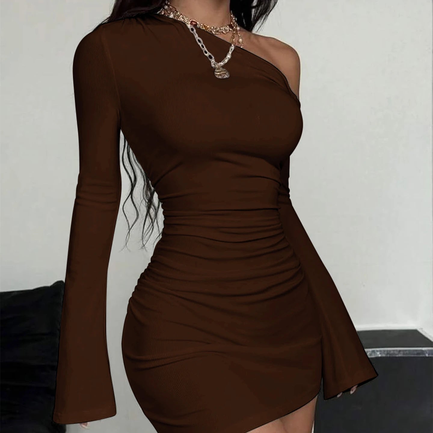 Dulzura Inclined Shoulder Long Sleeve Ruched Slim Irregular Mini Dress Women'S Solid Sexy Casual Dress Party Club Autumn Clothes