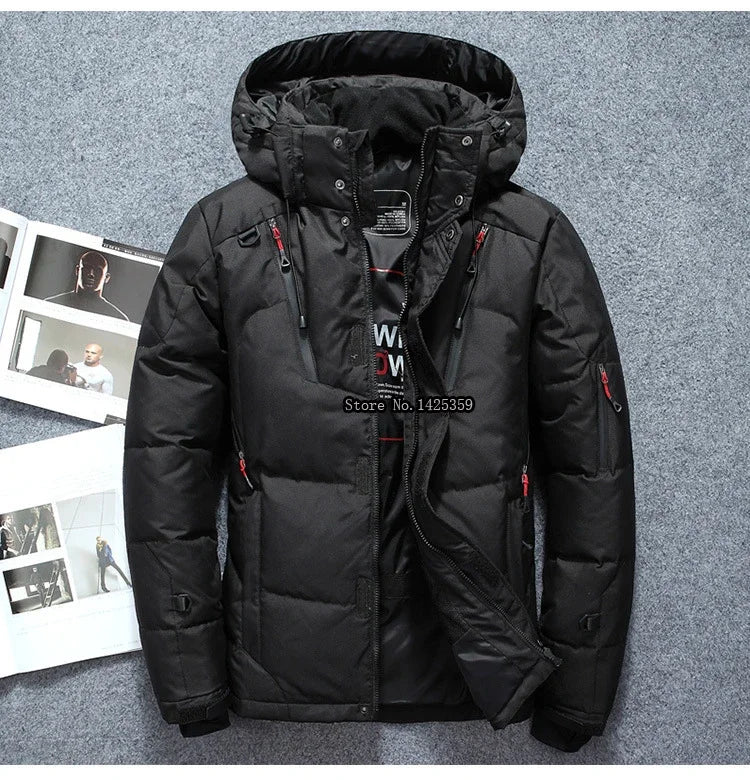 "Men’s White Duck Down Parka – Warm Winter Coat for Extreme Cold and Snow."