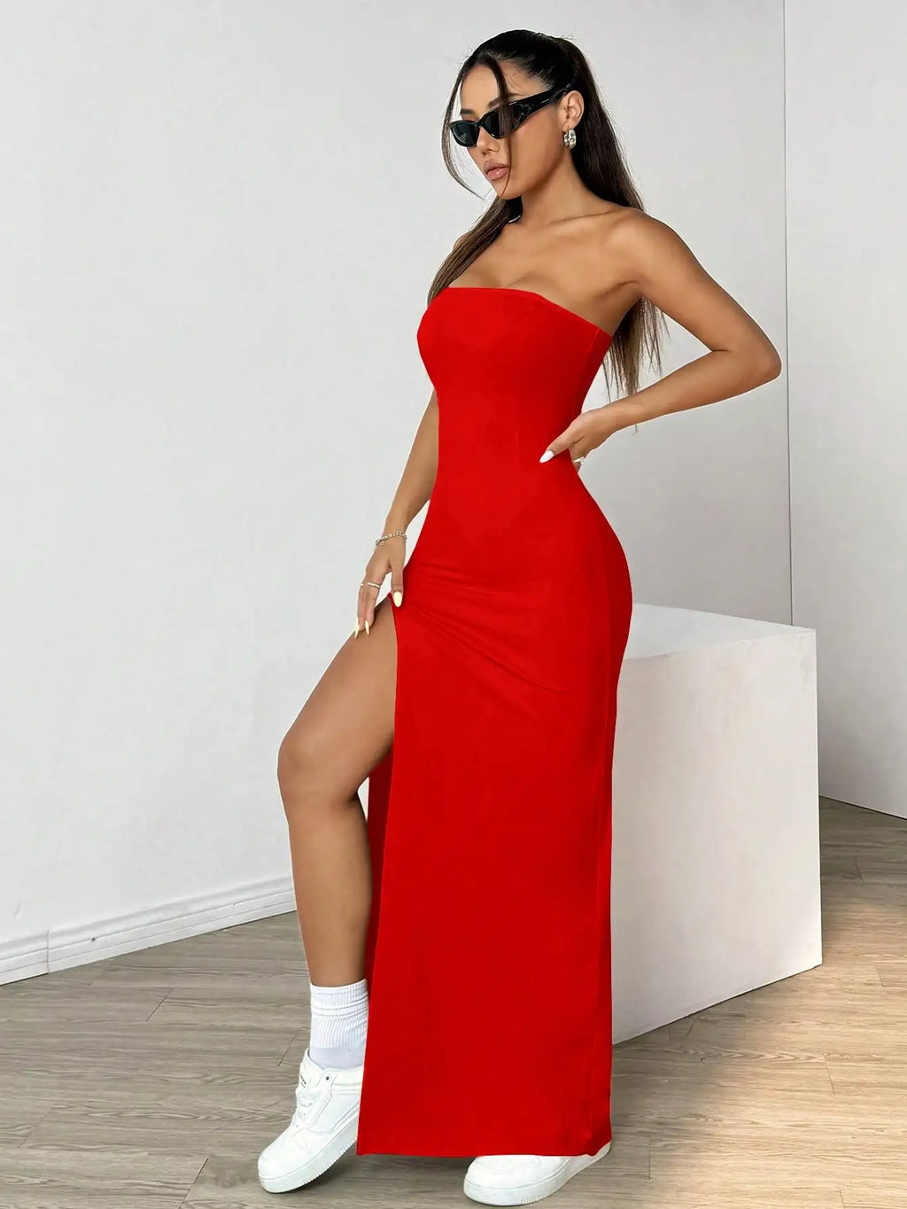 Elegant ladies strapless camisole slit simple basic solid color long dress, ideal for casual and semi-formal occasions