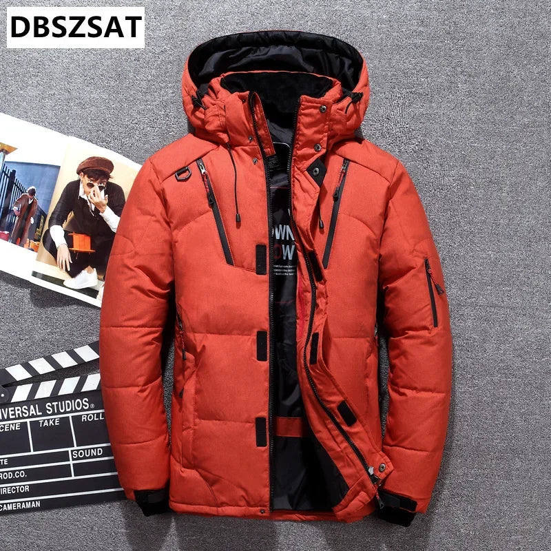 "Men’s White Duck Down Parka – Warm Winter Coat for Extreme Cold and Snow."
