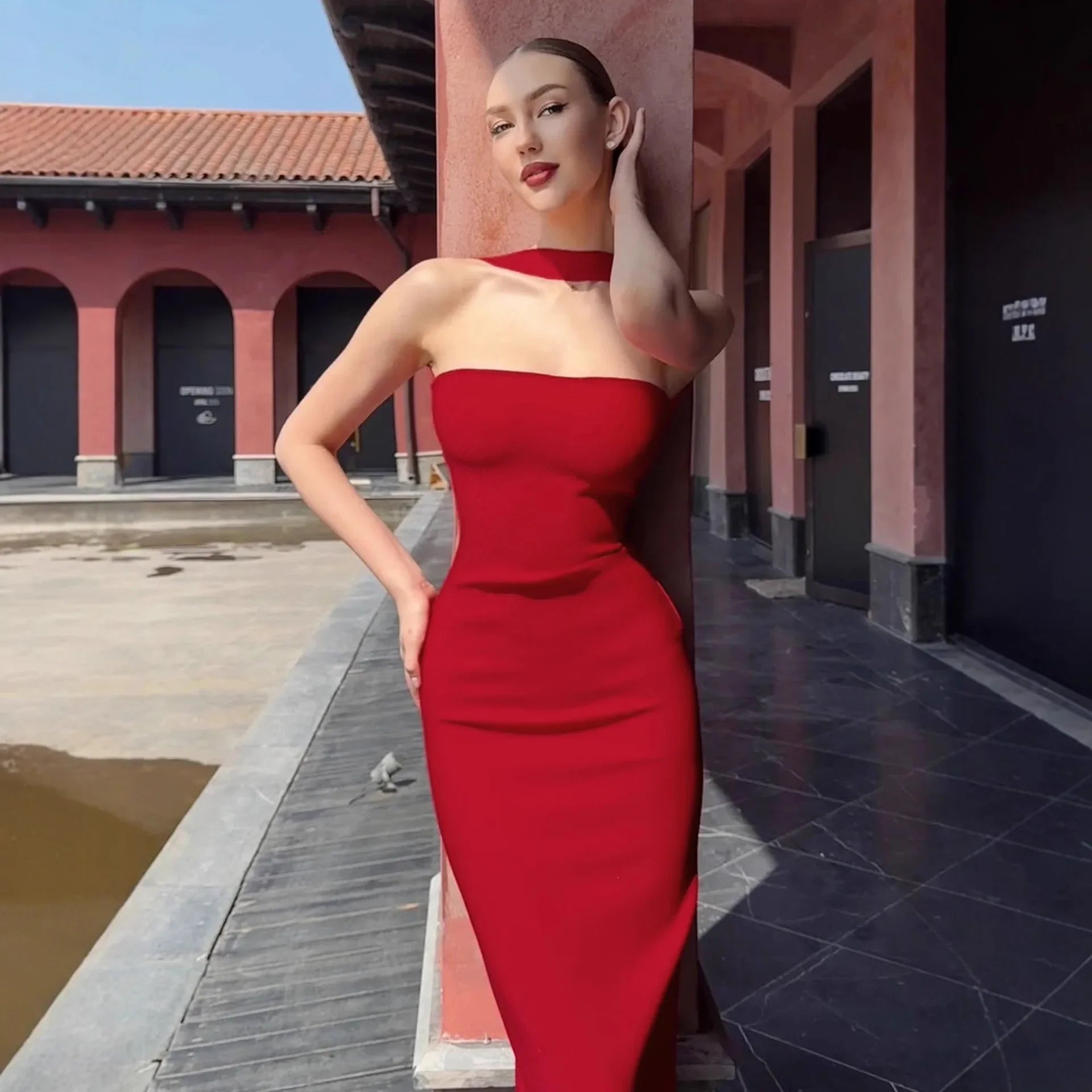 Woman Sexy Off Shoulder Sleeveless Slim Long Dress Streetwear Lady Chic Sexy Halter Neck Split Backless Solid Party Club Dresses
