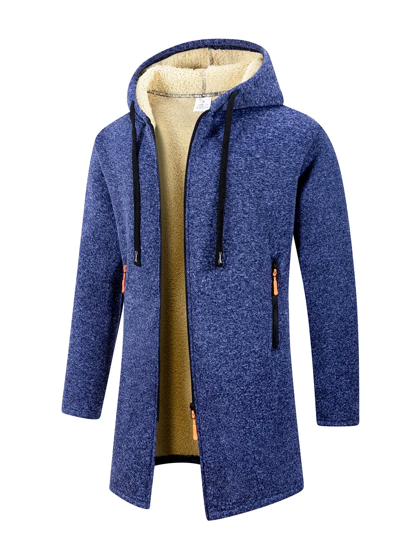 Men's Winter Warm Long Coat Zipper Jacket Zip Windbreaker Thick Fleece Windproof Overcoat Casual Contrast Color Hooded Jacket